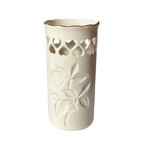 Vintage Lenox Pierced Heart Porcelain Vase Gold Trim Embossed Rose c. 1990